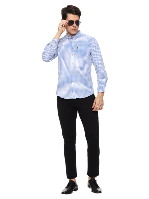 Men's Shirt Chinese Collar Check Pattern Cotton (Blue)