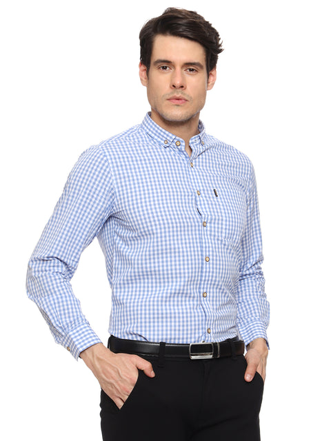 Men's Shirt Chinese Collar Check Pattern Cotton (Blue)