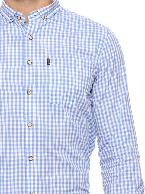 Men's Shirt Chinese Collar Check Pattern Cotton (Blue)