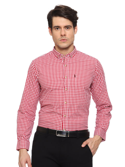 Men's Shirt Chinese Collar Check Pattern Cotton (Red)