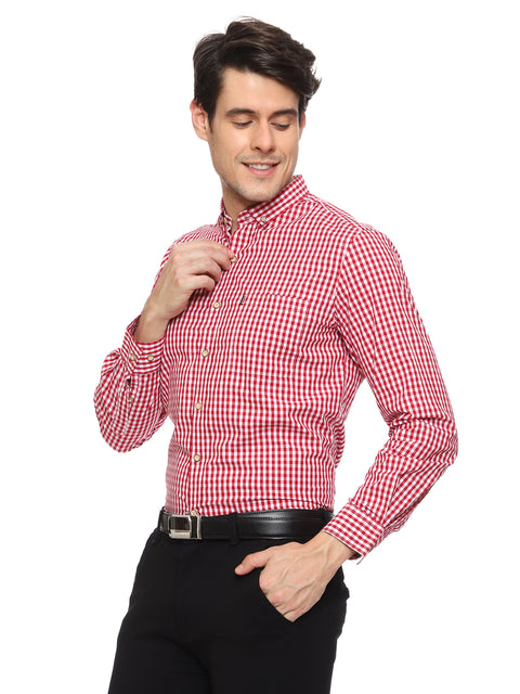Men's Shirt Chinese Collar Check Pattern Cotton (Red)
