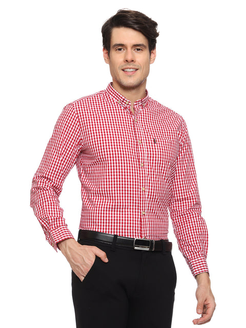 Men's Shirt Chinese Collar Check Pattern Cotton (Red)