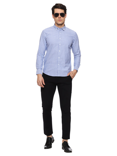 Men's Shirt Chinese Collar Line Pattern Cotton (White)