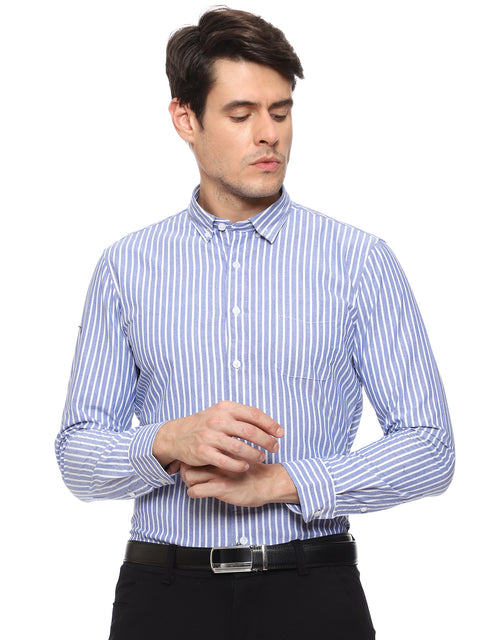 Men's Shirt Chinese Collar Line Pattern Cotton (White)